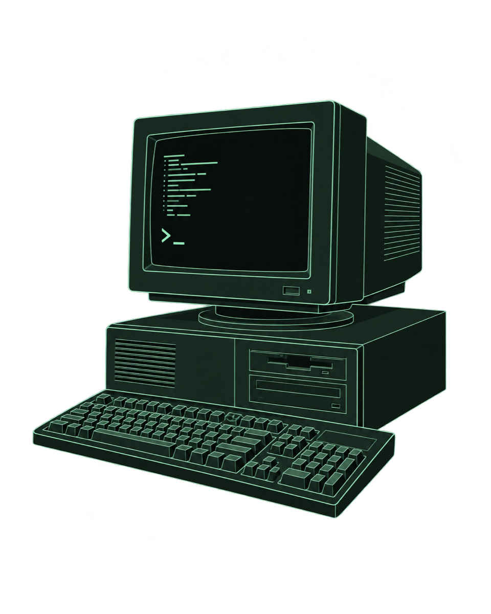 Ilustração de computador retrô com monitor, gabinete e teclado em contornos verdes